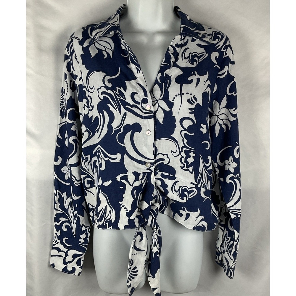 Christian Siriano Women's Medium Blue/White Hibiscus Linen Blend Button/Tie Top